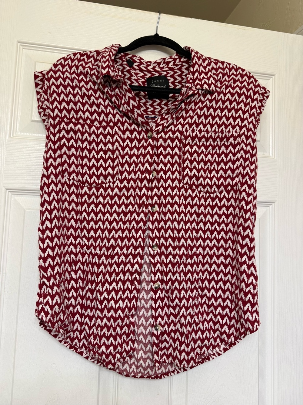 Jachs Red and White Geometric Cap-Sleeve Button Front Blouse